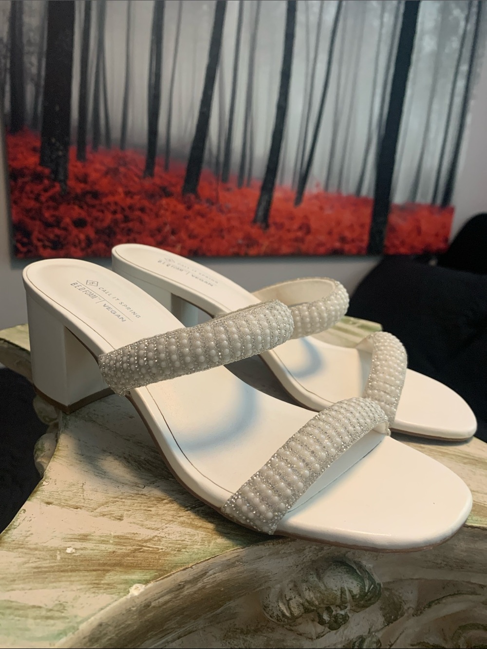 Call It Spring White Pearl-Trim Block Heel Sandals